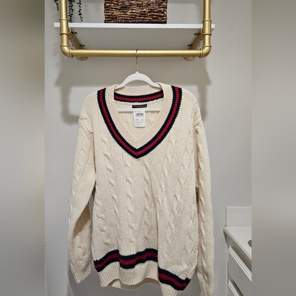 Brandy Melville Cream V-Neck Sweater with Navy and Red Trim